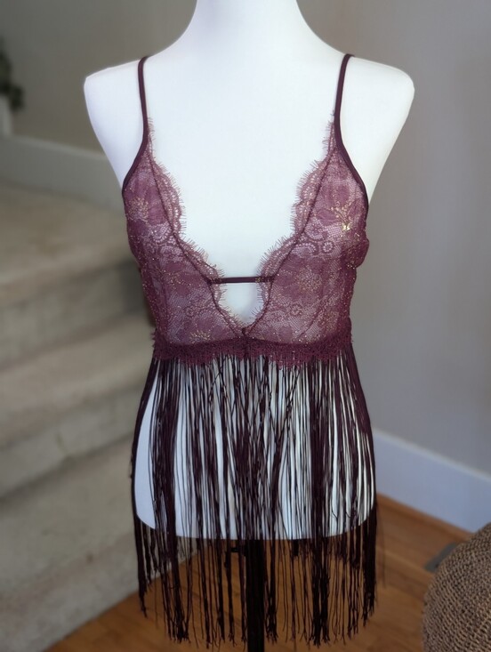 Victoria's Secret Other - Fringe Lace Lingerie Set Burgundy Plunge Babydoll Teddy Thong 2 Piece NWT Medium